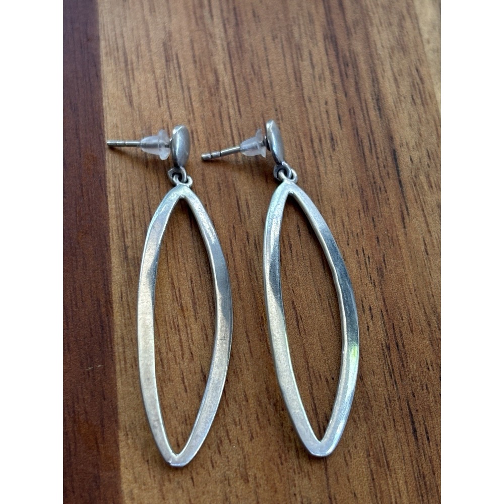 Sterling Silver 925 Open Work Slim Marquise Shaped Dangle Drop Earrings
